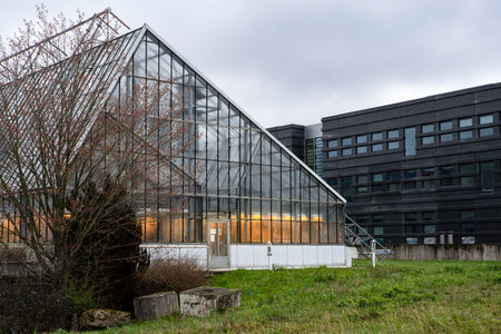 Architecture of a yellow-lit greenhouse for ecological agricultureの写真素材