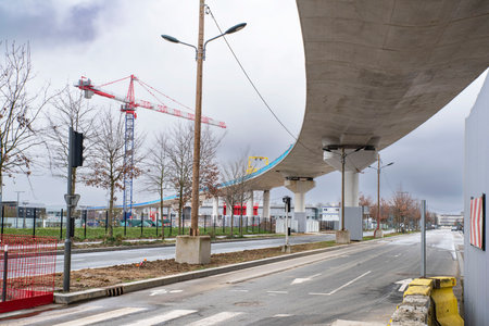 Concrete bridge under construction seen from belowの写真素材