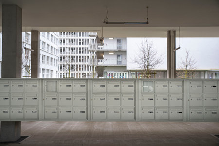A group of letterboxes at the foot of an apartment buildingの写真素材