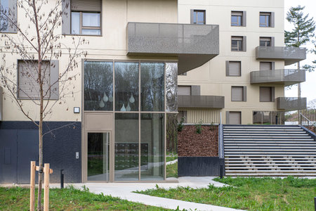 Facade of a modern apartment building with balconiesの写真素材