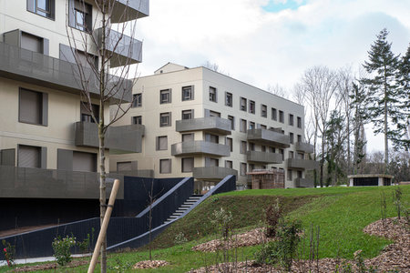 Facade of a modern apartment building with balconiesの写真素材