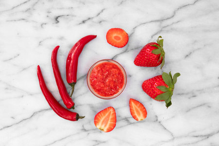 Close-up of strawberries and homemade jam with red peppersの写真素材