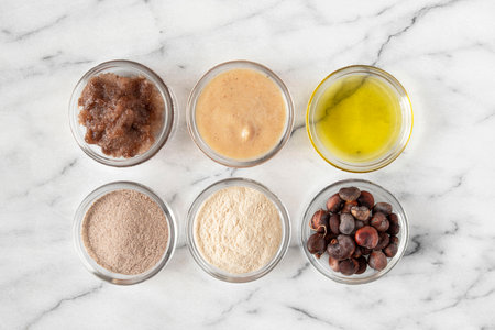 Different constituents of the baobab tree, fruit, seed and leaves used for food and cosmetics in powder and oil formの写真素材
