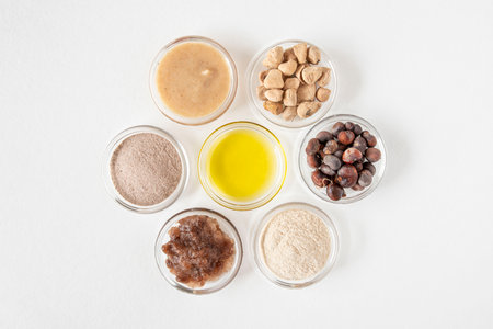 Different constituents of the baobab tree, fruit, seed and leaves used for food and cosmetics in powder and oil formの写真素材