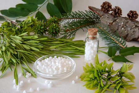 Alternative medicine with white homeopathic granules and natural plants in the backgroundの写真素材