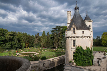 Exterior and garden of the castle of Chenonceau in France above the waterのeditorial素材
