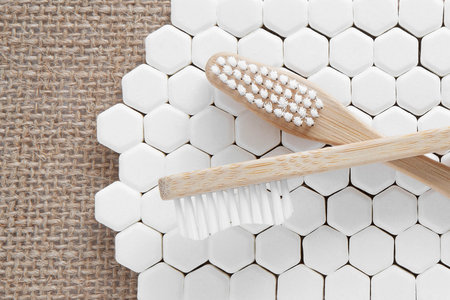 White solid toothpaste tablet with bamboo toothbrushの写真素材
