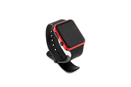 Black connected watch with bracelet on white backgroundの写真素材