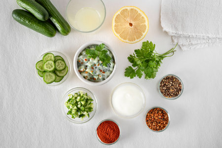 preparation of cucumber salad with fromage blanc and spicesの写真素材