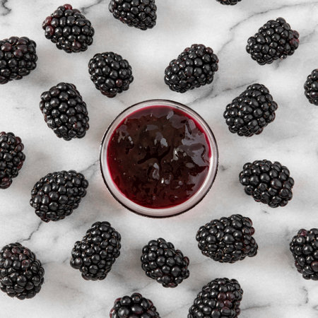Home-made blackberries and jam on white marbleの写真素材