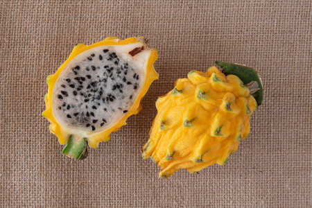 Close-up of yellow dragon fruit or pitayaの写真素材