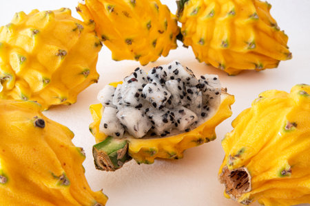 Close-up of yellow dragon fruit or pitayaの写真素材