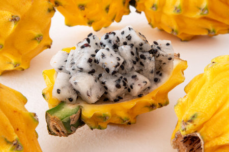 Close-up of yellow dragon fruit or pitayaの写真素材