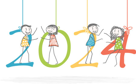 Figures on numbers celebrate the new year 2024のイラスト素材