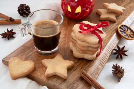 Cup of coffee and cookies for Valentine's Dayの写真素材