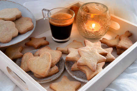 Cup of coffee and cookies for Valentine's Dayの写真素材