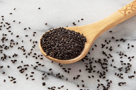 Close-up of black basil seedsの写真素材