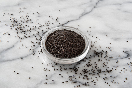 Close-up of black basil seedsの写真素材