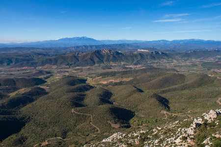 Valley and village of Cucugnan, France, Languedoc Roussillon, Occitanie regionの写真素材