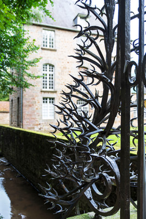 Detail of the gate of the medieval castle of Flers in Normandy, Franceの写真素材