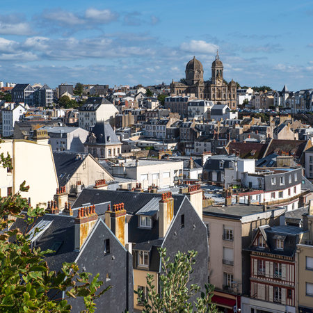 Granville in Normandy, France, with its houses and view over the rooftopsの写真素材