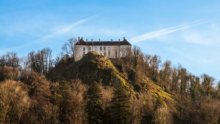 Larochemillay village in Burgundy, France, in winter with forests, hills and meadows