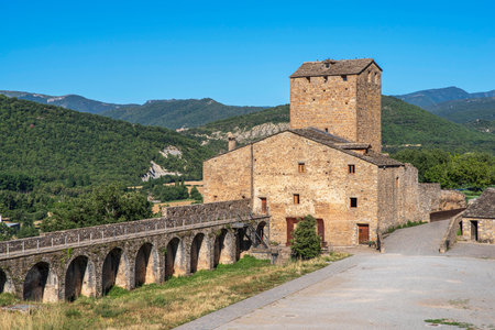 Architecture of the medieval town of Ainsa in the Pyrenees, Spain