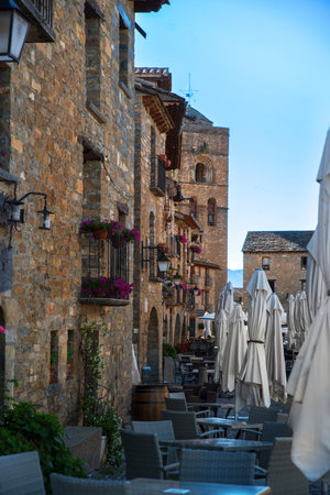 Architecture of the medieval town of Ainsa in the Pyrenees, Spainの写真素材