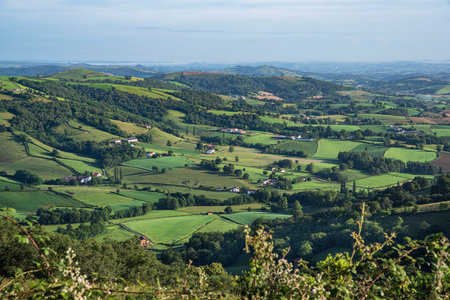 Countryside with fields, forest and villages in the Basque Country in Franceの写真素材