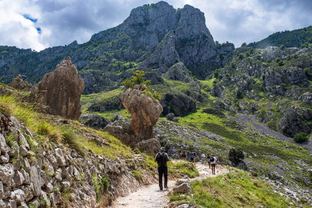 Mountain landscape in the Cares gorge in Spain, with its rocky cliffs and vegetationの写真素材