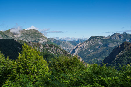 Typical landscape of the Picos de Europa National Park in Spain in summer with beautiful vegetationの写真素材