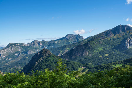 Typical landscape of the Picos de Europa National Park in Spain in summer with beautiful vegetationの写真素材