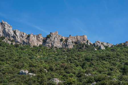 The medieval Cathar castle of Peyrepertuse in the south of Franceの写真素材