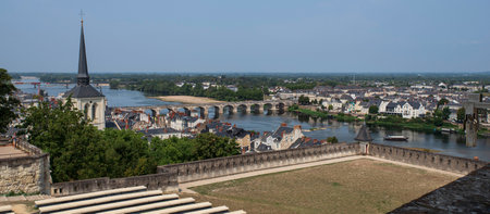 Panorama of the town of Saumur on the banks of the Loire River, in France in the Loire Valleyの写真素材