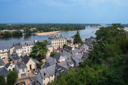 Panorama of the town of Saumur on the banks of the Loire River, in France in the Loire Valleyの写真素材