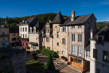 Medieval house architecture in the town of Terrasson in the Dordogne region of Franceの写真素材