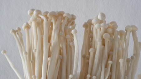 Close-up of small Japanese enoki mushrooms on a white background