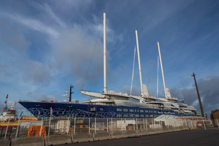 A sailing cargo ship under construction in the port of Saint-Nazaire in France