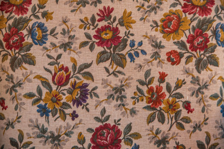 Close-up of an antique embroidered fabric depicting colorful flowersの写真素材