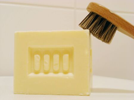 Marseille squared soap in a wooden box, with a brush, interiorの写真素材
