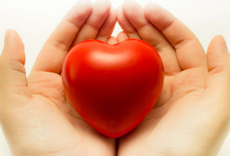 red heart taken in two white hands close upの写真素材