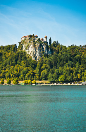 view of the castle from the east shore of lake bledのeditorial素材