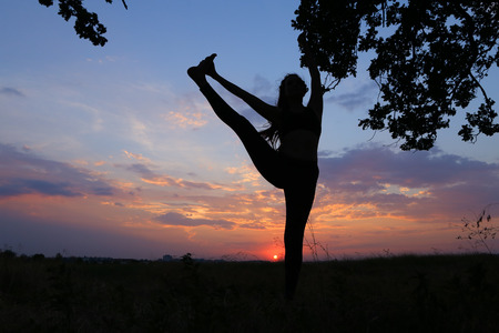 Female with beautiful figure takes yoga postures, gymnastics and ballet spends stretching and meditating, posing for advertising shoot fitness studio, healthy energy drink, dancing belly dancing among wide field on background of pink sunset and beautiful の写真素材