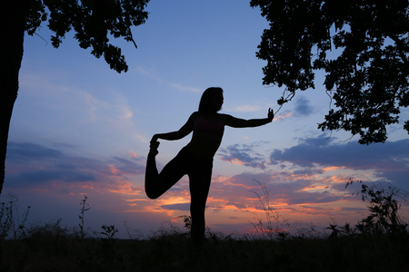 Female with beautiful figure takes yoga postures, gymnastics and ballet spends stretching and meditating, posing for advertising shoot fitness studio, healthy energy drink, dancing belly dancing among wide field on background of pink sunset and beautiful の写真素材