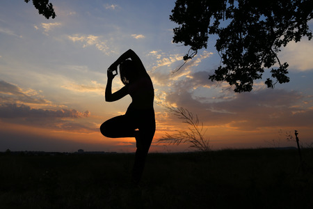 Female with beautiful figure takes yoga postures, gymnastics and ballet spends stretching and meditating, posing for advertising shoot fitness studio, healthy energy drink, dancing belly dancing among wide field on background of yellow sunset and beautifuの写真素材