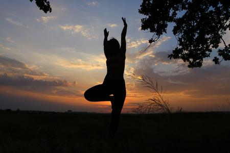 Female with beautiful figure takes yoga postures, gymnastics and ballet spends stretching and meditating, posing for advertising shoot fitness studio, healthy energy drink, dancing belly dancing among wide field on background of yellow sunset and beautifuの写真素材