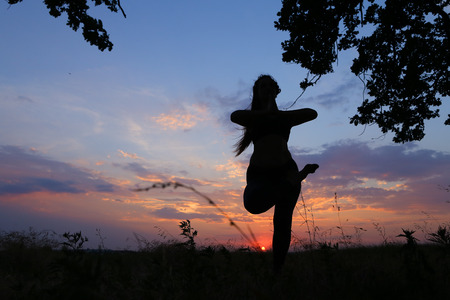Female with beautiful figure takes yoga postures, gymnastics and ballet spends stretching and meditating, posing for advertising shoot fitness studio, healthy energy drink, dancing belly dancing among wide field on background of pink sunset and beautiful の写真素材
