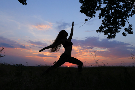 Female with beautiful figure takes yoga postures, gymnastics and ballet spends stretching and meditating, posing for advertising shoot fitness studio, healthy energy drink, dancing belly dancing among wide field on background of pink sunset and beautiful の写真素材