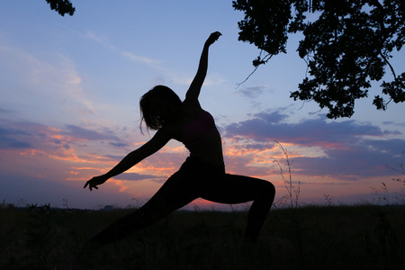 Female with beautiful figure takes yoga postures, gymnastics and ballet spends stretching and meditating, posing for advertising shoot fitness studio, healthy energy drink, dancing belly dancing among wide field on background of pink sunset and beautiful の写真素材
