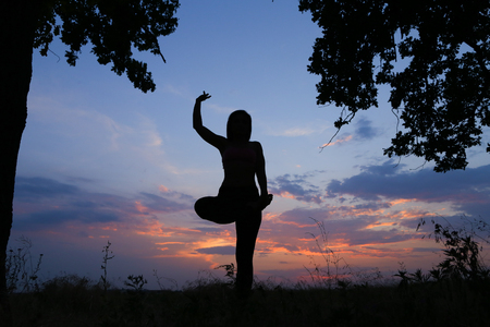 Female with beautiful figure takes yoga postures, gymnastics and ballet spends stretching and meditating, posing for advertising shoot fitness studio, healthy energy drink, dancing belly dancing among wide field on background of pink sunset and beautiful の写真素材